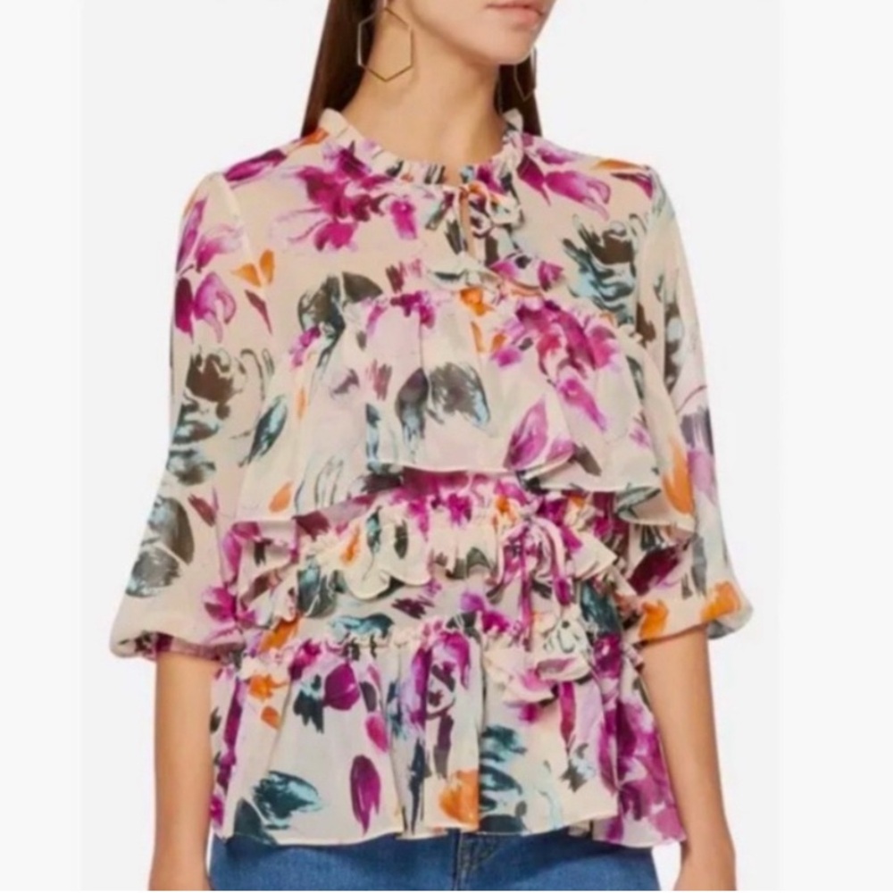 MISA Los Angeles Floral Ruffle Blouse Womens Small Purple Tiered Chiffon Top